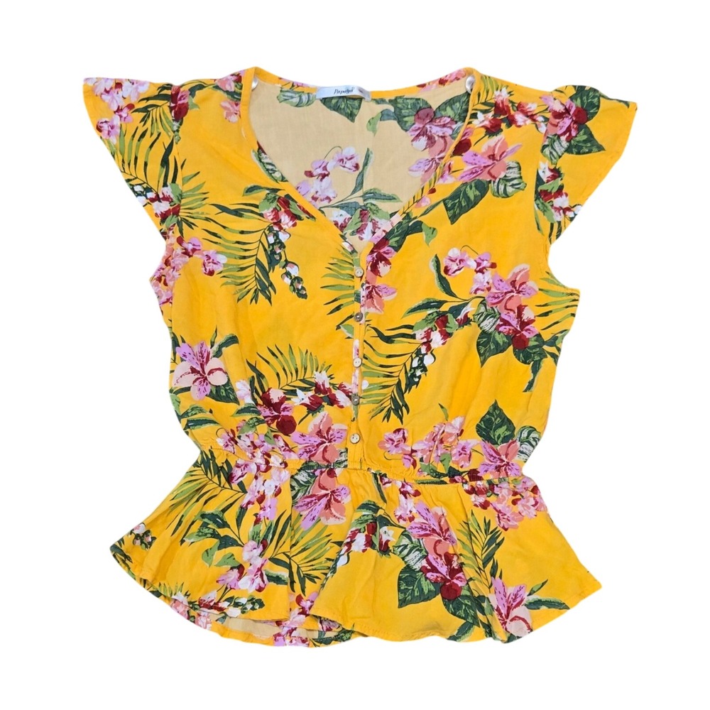 Papaya Yellow Tropical Floral Peplum Top Cap Sleeve Button Front Size S